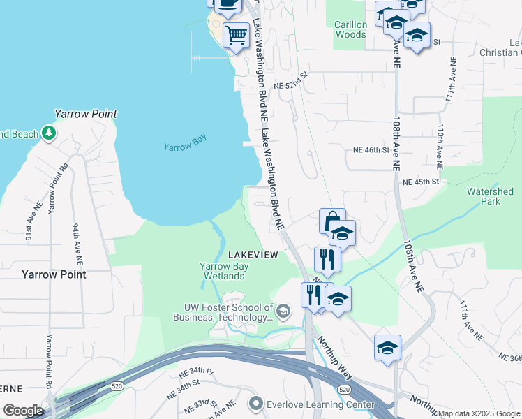 map of restaurants, bars, coffee shops, grocery stores, and more near 4323 Lake Washington Boulevard Northeast in Kirkland