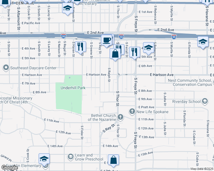 map of restaurants, bars, coffee shops, grocery stores, and more near 703 South Ralph Street in Spokane