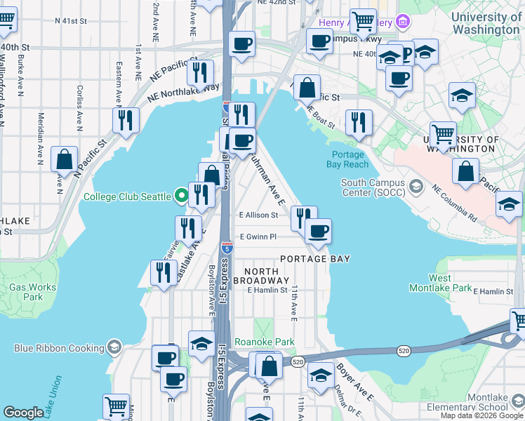 map of restaurants, bars, coffee shops, grocery stores, and more near 902 East Allison Street in Seattle