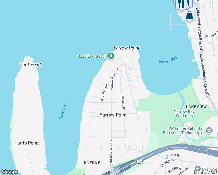 map of restaurants, bars, coffee shops, grocery stores, and more near 4315 92nd Avenue Northeast in Yarrow Point