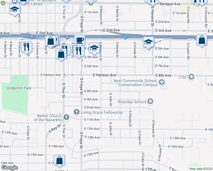 map of restaurants, bars, coffee shops, grocery stores, and more near 3814 East 7th Avenue in Spokane