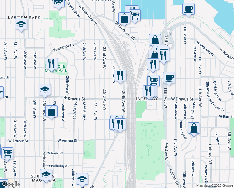map of restaurants, bars, coffee shops, grocery stores, and more near 3217 21st Avenue West in Seattle