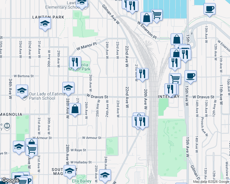 map of restaurants, bars, coffee shops, grocery stores, and more near 3211 23rd Avenue West in Seattle