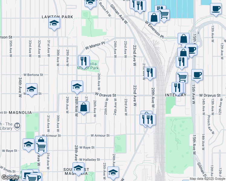 map of restaurants, bars, coffee shops, grocery stores, and more near 3213 24th Avenue West in Seattle