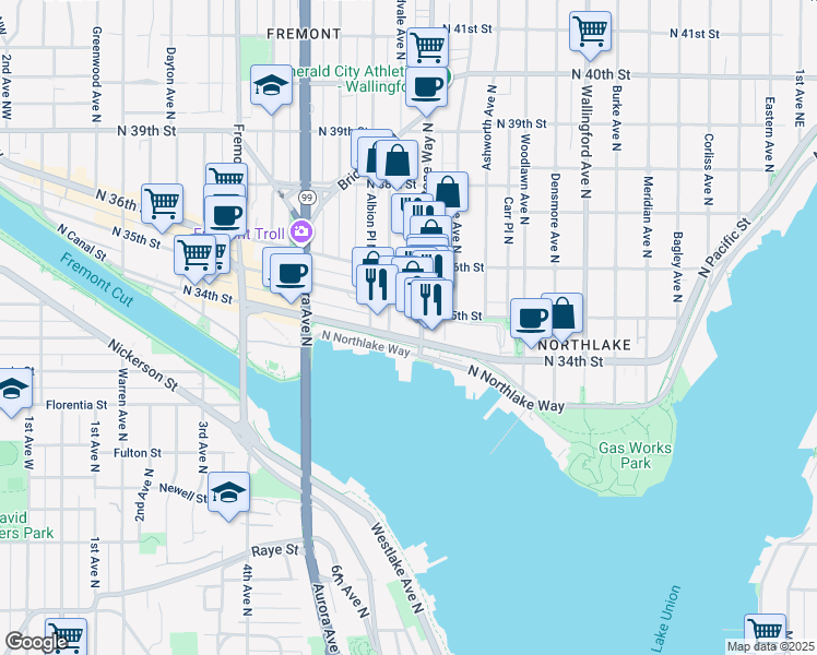 map of restaurants, bars, coffee shops, grocery stores, and more near 3409 Stone Way North in Seattle