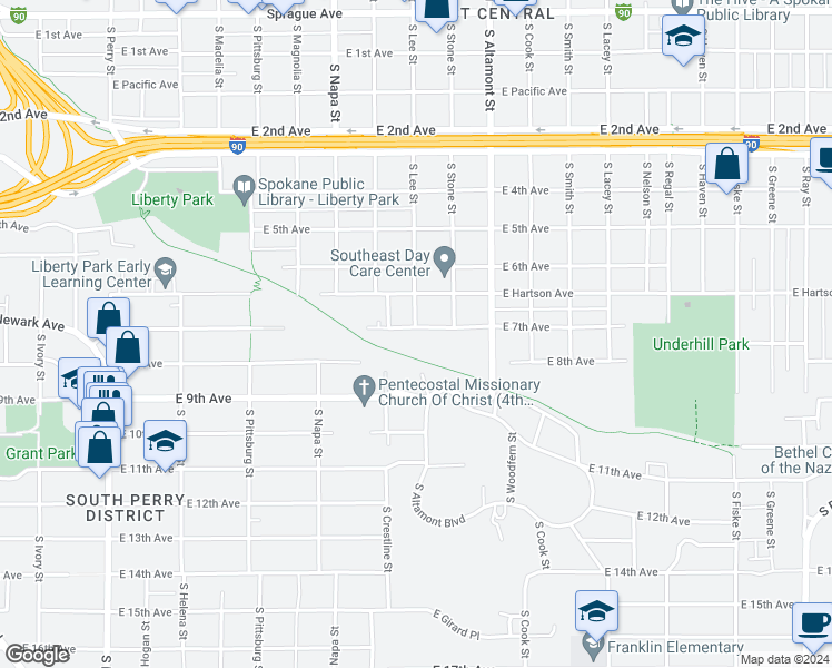 map of restaurants, bars, coffee shops, grocery stores, and more near 2130 East 7th Avenue in Spokane
