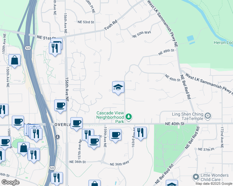 map of restaurants, bars, coffee shops, grocery stores, and more near 16119 Northeast 44th Court in Redmond