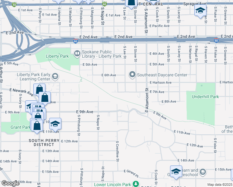 map of restaurants, bars, coffee shops, grocery stores, and more near 2010 East 7th Avenue in Spokane