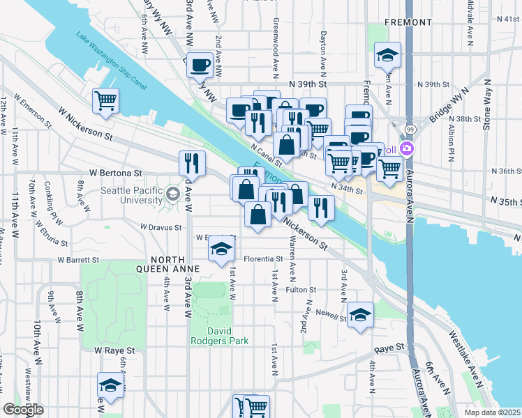map of restaurants, bars, coffee shops, grocery stores, and more near 25 Nickerson Street in Seattle