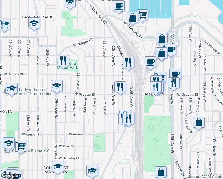map of restaurants, bars, coffee shops, grocery stores, and more near 3213 22nd Avenue West in Seattle