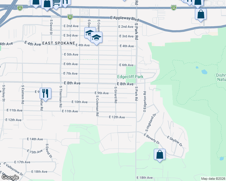 map of restaurants, bars, coffee shops, grocery stores, and more near 7213 East 9th Avenue in Spokane Valley