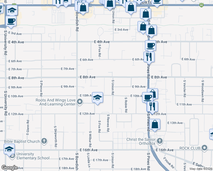 map of restaurants, bars, coffee shops, grocery stores, and more near 829 South Fox Lane in Spokane Valley