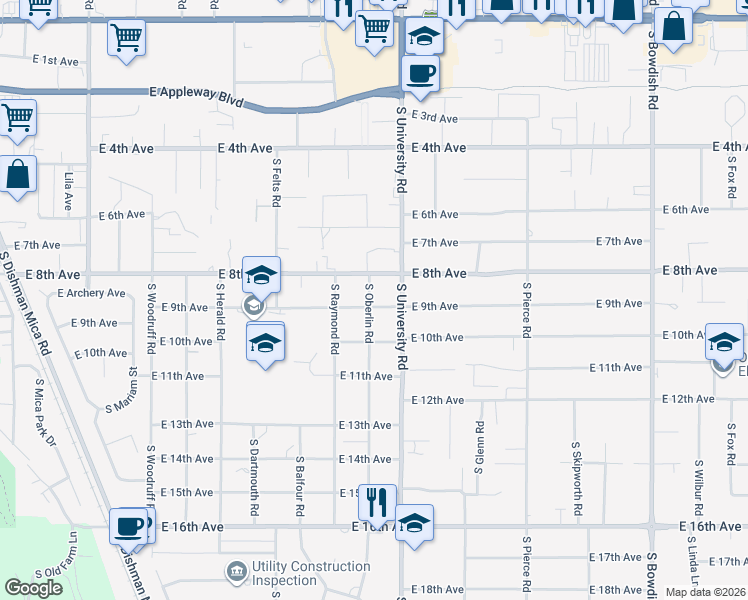 map of restaurants, bars, coffee shops, grocery stores, and more near 10601 East 9th Avenue in Spokane Valley