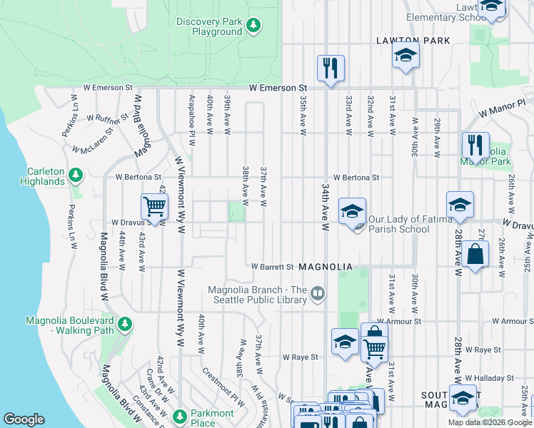 map of restaurants, bars, coffee shops, grocery stores, and more near 3208 37th Avenue West in Seattle