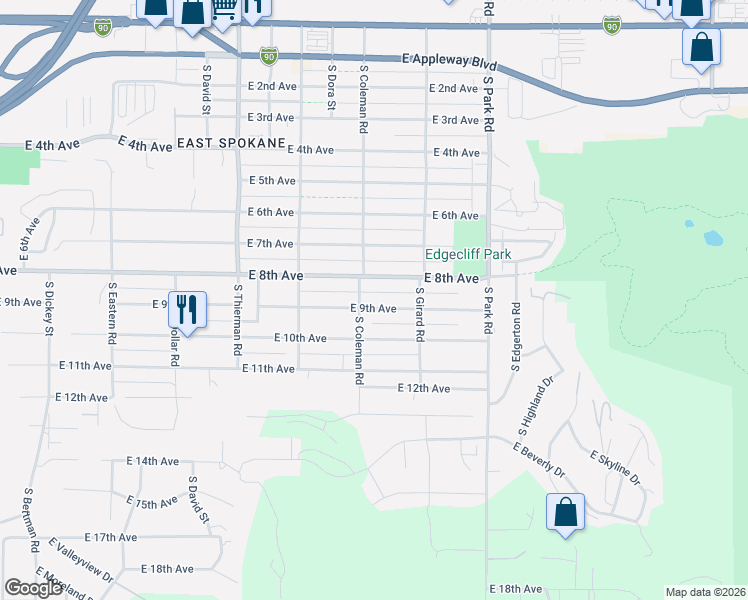 map of restaurants, bars, coffee shops, grocery stores, and more near 7109 East 9th Avenue in Spokane Valley