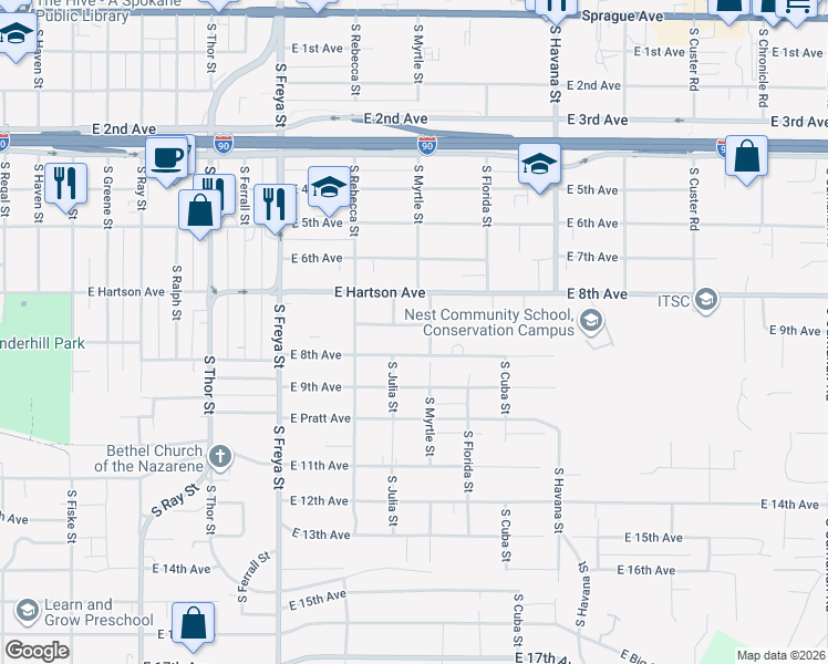 map of restaurants, bars, coffee shops, grocery stores, and more near 3916 East 7th Avenue in Spokane