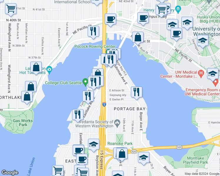 map of restaurants, bars, coffee shops, grocery stores, and more near 3108 Franklin Avenue East in Seattle