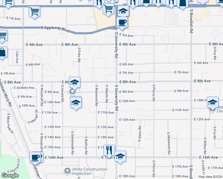 map of restaurants, bars, coffee shops, grocery stores, and more near 10601 East 9th Avenue in Spokane Valley