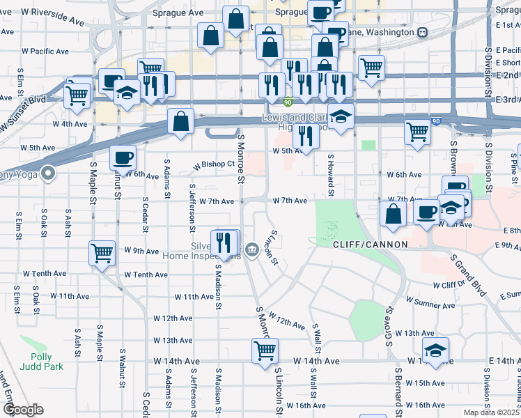 map of restaurants, bars, coffee shops, grocery stores, and more near 716 South Lincoln Place in Spokane