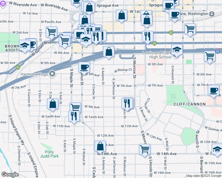 map of restaurants, bars, coffee shops, grocery stores, and more near 705 South Adams Street in Spokane