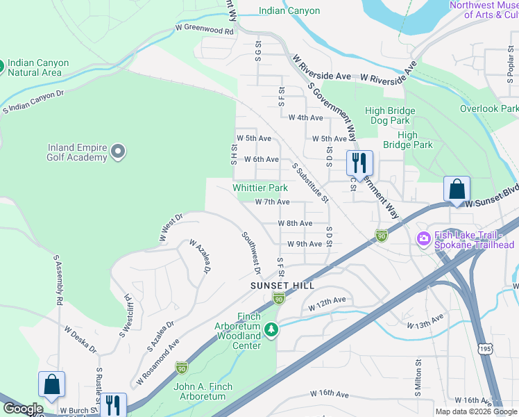 map of restaurants, bars, coffee shops, grocery stores, and more near 3503 West 7th Avenue in Spokane