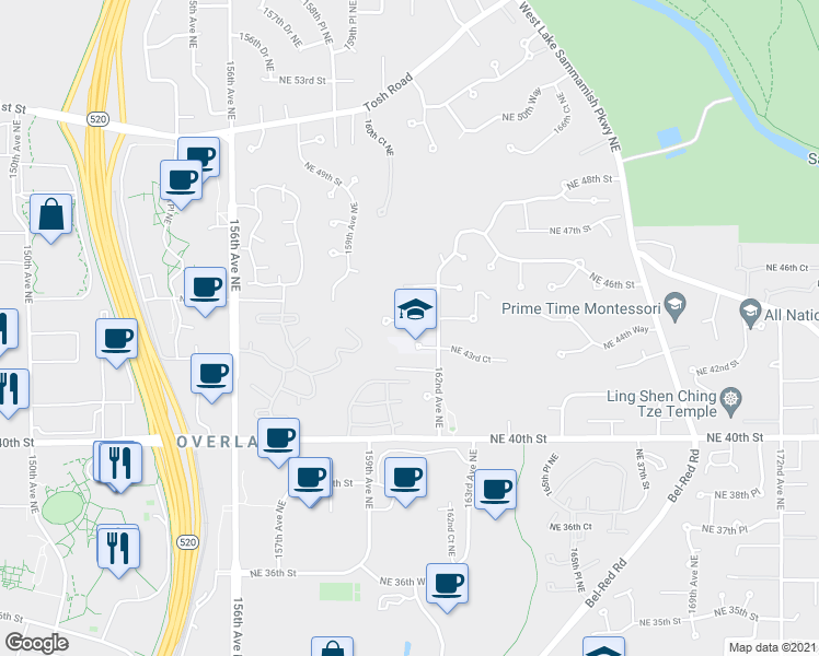 map of restaurants, bars, coffee shops, grocery stores, and more near 16119 Northeast 44th Court in Redmond