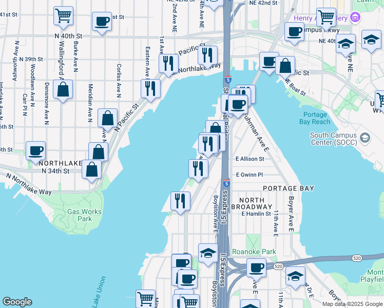 map of restaurants, bars, coffee shops, grocery stores, and more near 11 East Allison Street in Seattle