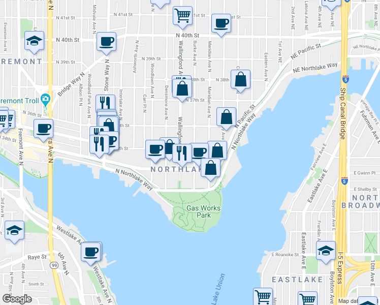 map of restaurants, bars, coffee shops, grocery stores, and more near 3435 Burke Avenue North in Seattle