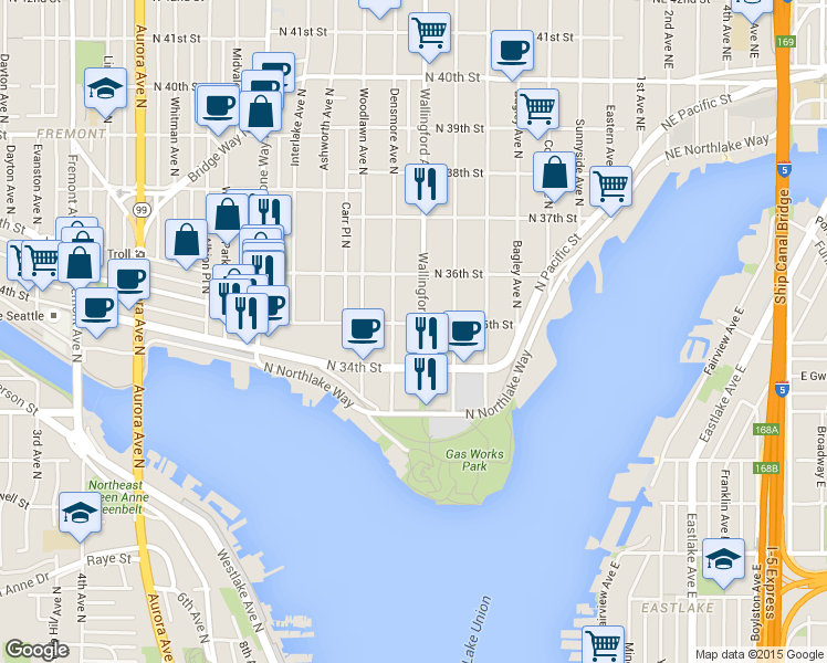 map of restaurants, bars, coffee shops, grocery stores, and more near 1709 North 35th Street in Seattle