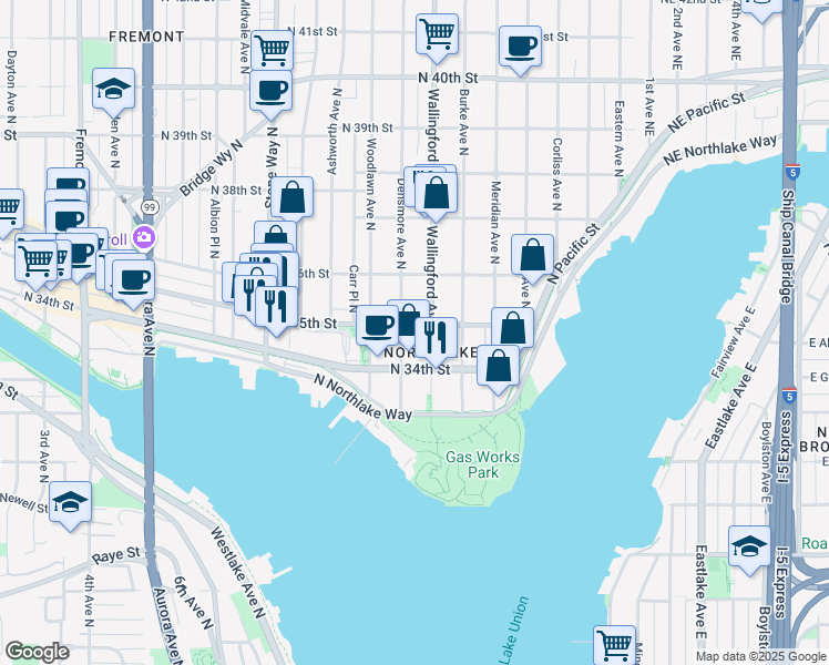 map of restaurants, bars, coffee shops, grocery stores, and more near 1709 North 35th Street in Seattle