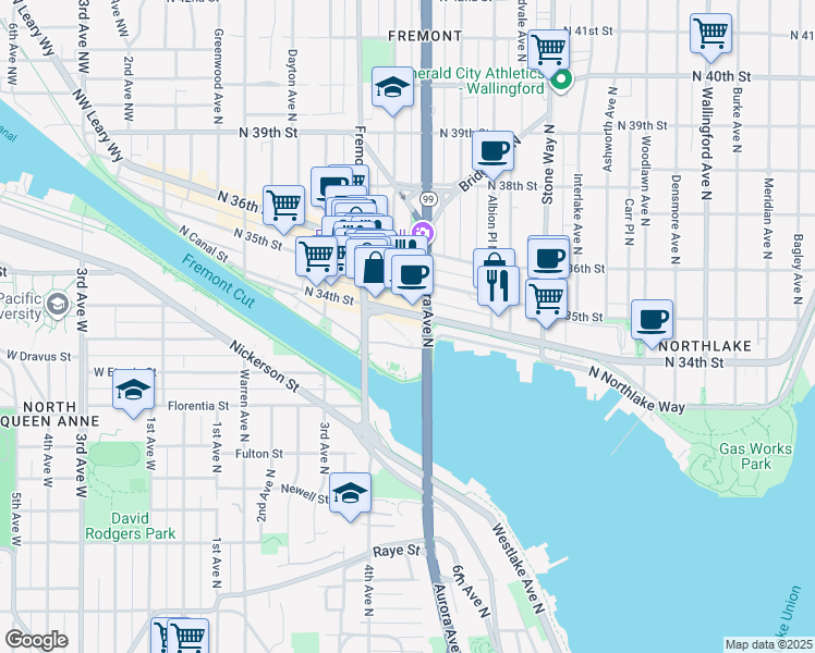 map of restaurants, bars, coffee shops, grocery stores, and more near 835 North 34th Street in Seattle