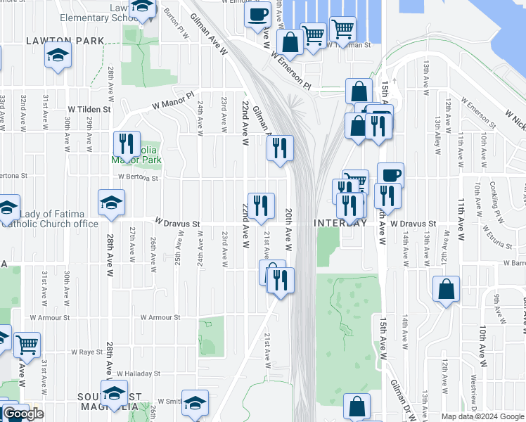 map of restaurants, bars, coffee shops, grocery stores, and more near 3217 21st Avenue West in Seattle