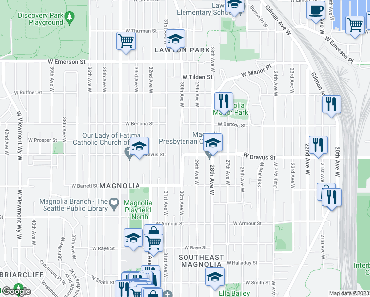 map of restaurants, bars, coffee shops, grocery stores, and more near 3206 30th Avenue West in Seattle
