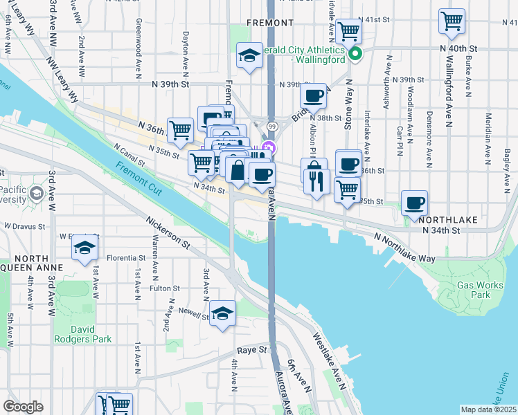 map of restaurants, bars, coffee shops, grocery stores, and more near 835 North 34th Street in Seattle