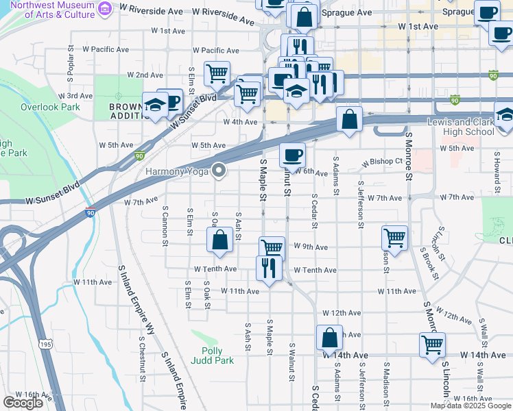 map of restaurants, bars, coffee shops, grocery stores, and more near 1617 West 7th Avenue in Spokane