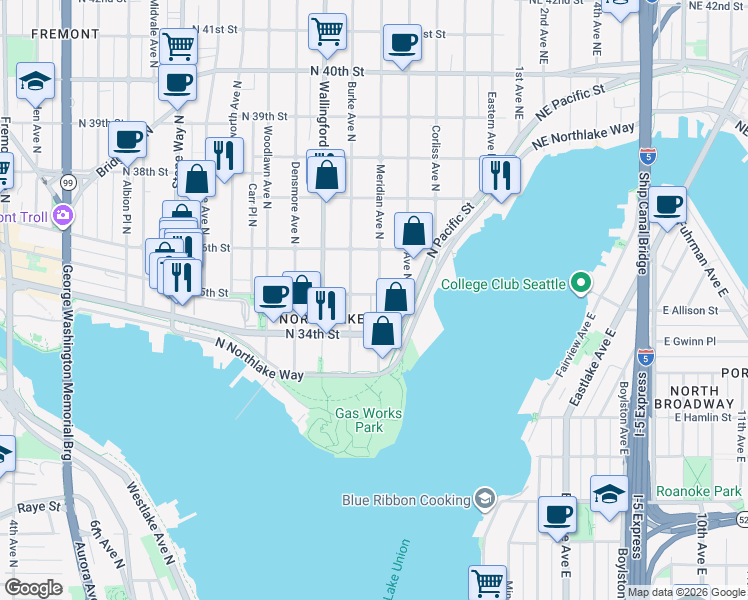 map of restaurants, bars, coffee shops, grocery stores, and more near 3465 Meridian Avenue North in Seattle