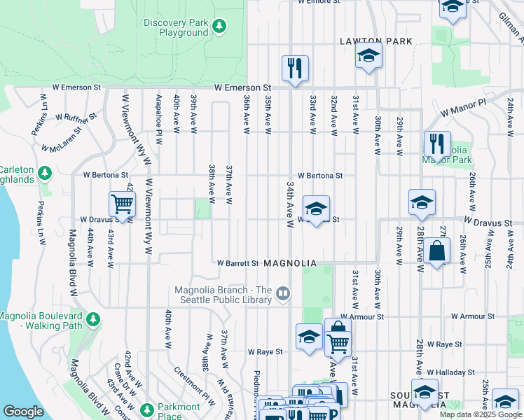 map of restaurants, bars, coffee shops, grocery stores, and more near 3514 West Dravus Street in Seattle