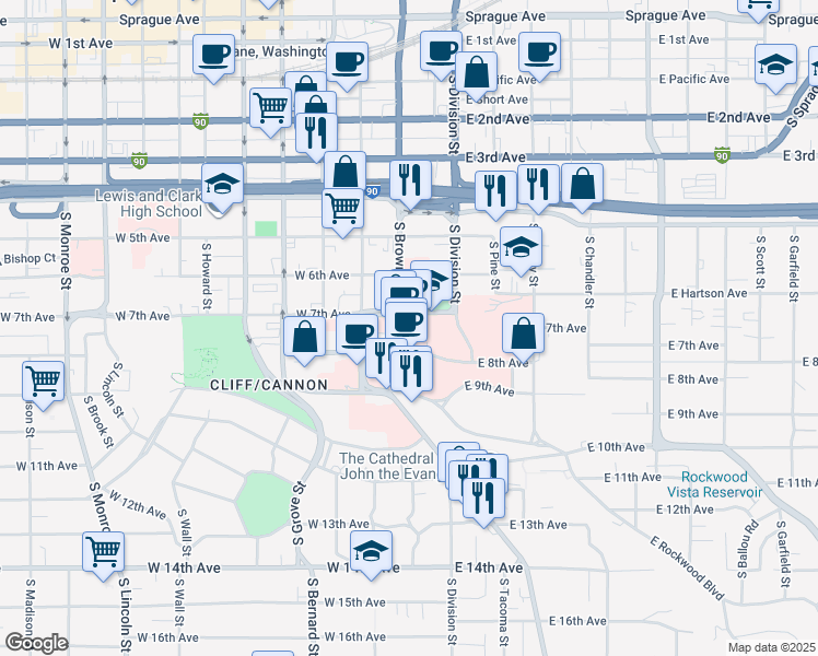 map of restaurants, bars, coffee shops, grocery stores, and more near 101 West 8th Avenue in Spokane