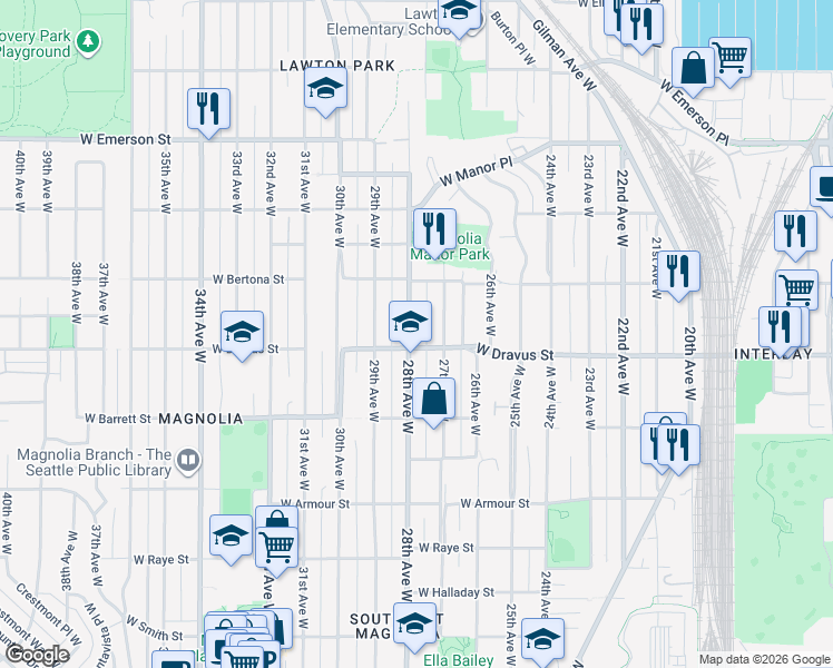 map of restaurants, bars, coffee shops, grocery stores, and more near 3206 28th Avenue West in Seattle