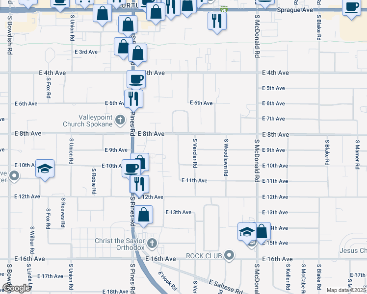 map of restaurants, bars, coffee shops, grocery stores, and more near 821 South Collins Road in Spokane Valley