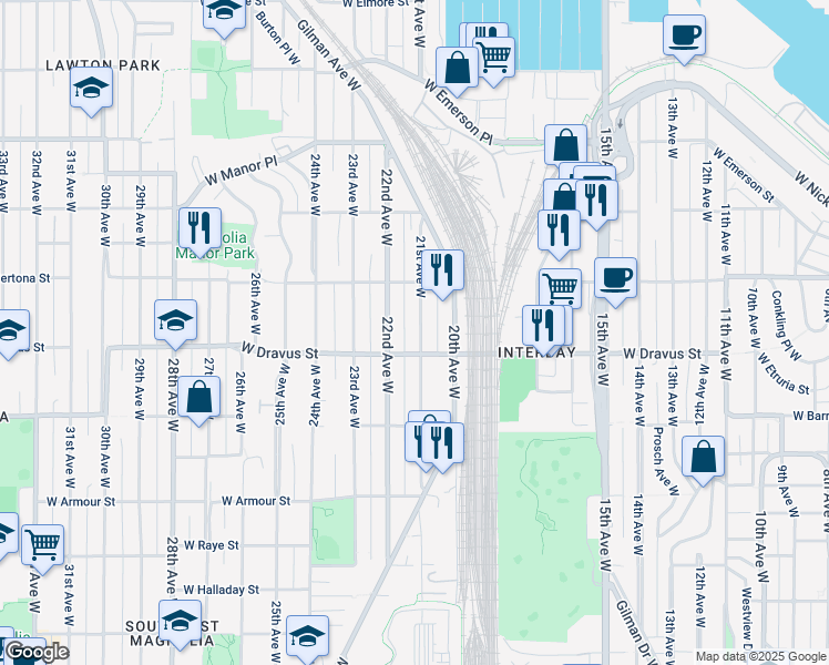 map of restaurants, bars, coffee shops, grocery stores, and more near 3217 21st Avenue West in Seattle