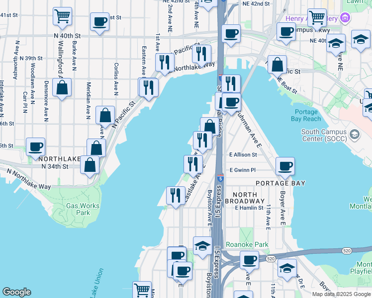 map of restaurants, bars, coffee shops, grocery stores, and more near 11 East Allison Street in Seattle
