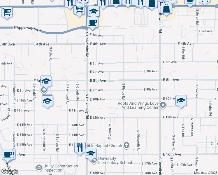 map of restaurants, bars, coffee shops, grocery stores, and more near 10911 East 9th Avenue in Spokane Valley