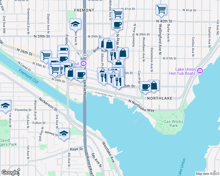 map of restaurants, bars, coffee shops, grocery stores, and more near 3409 Stone Way North in Seattle