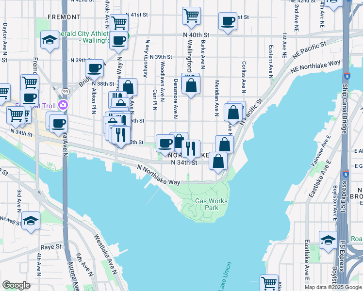 map of restaurants, bars, coffee shops, grocery stores, and more near 1709 North 35th Street in Seattle