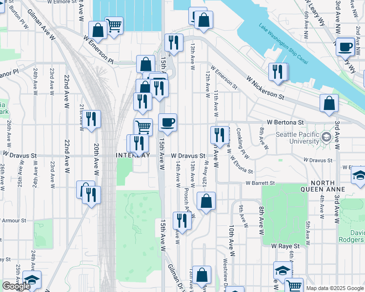 map of restaurants, bars, coffee shops, grocery stores, and more near 3216 14th Avenue West in Seattle