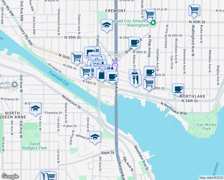map of restaurants, bars, coffee shops, grocery stores, and more near 837 North 34th Street in Seattle