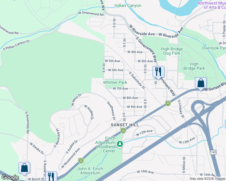 map of restaurants, bars, coffee shops, grocery stores, and more near 3503 West 7th Avenue in Spokane