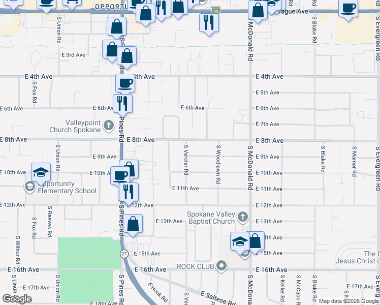 map of restaurants, bars, coffee shops, grocery stores, and more near 12703 East 9th Avenue in Spokane Valley