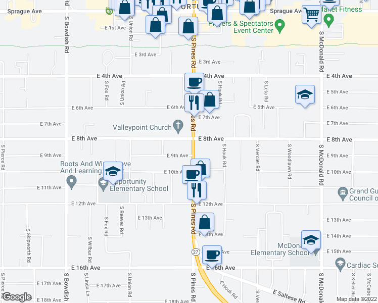 map of restaurants, bars, coffee shops, grocery stores, and more near 824 South Pines Road in Spokane Valley